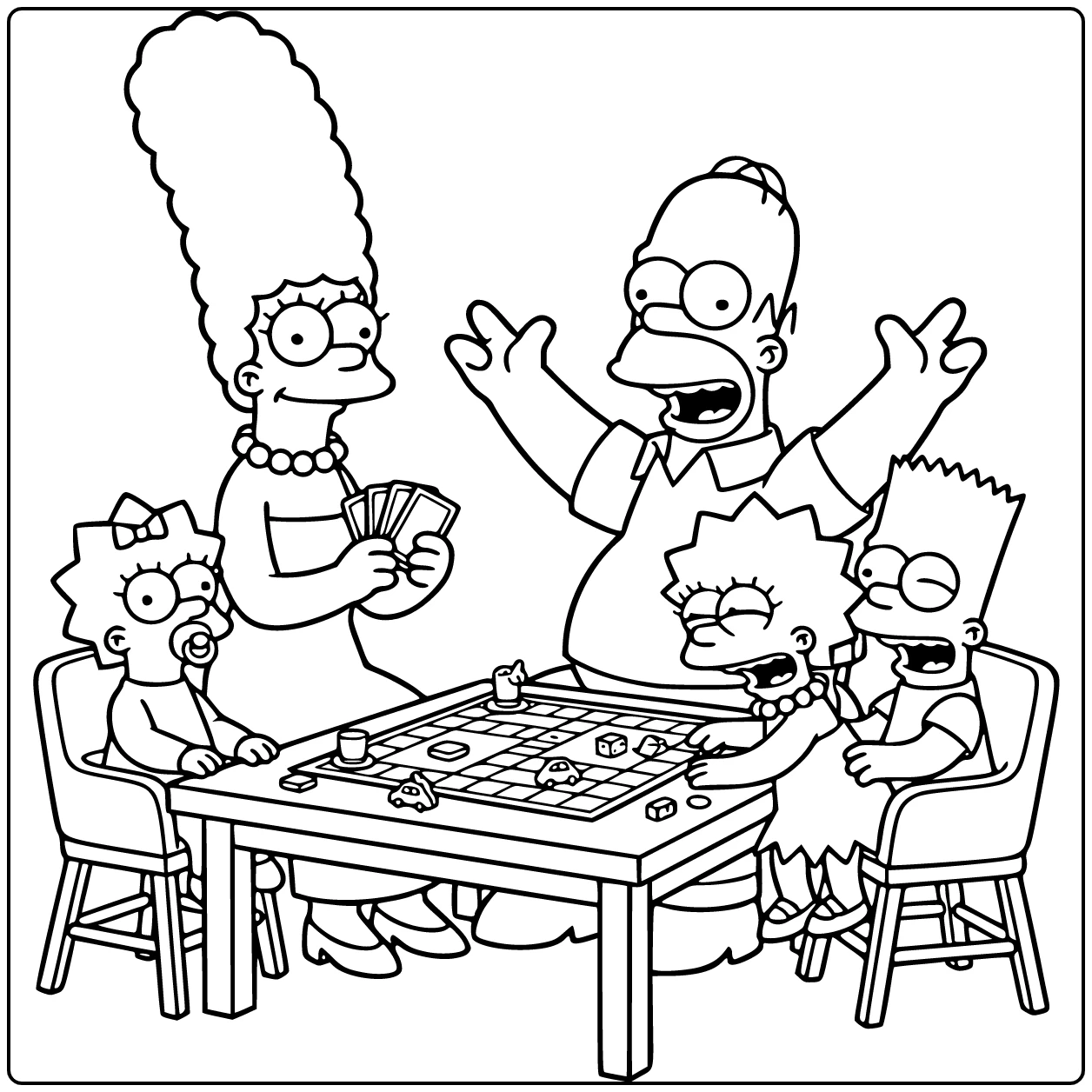 Simpsons kleurplaat: Homer centraal bij familie spelavond, Marge met auto