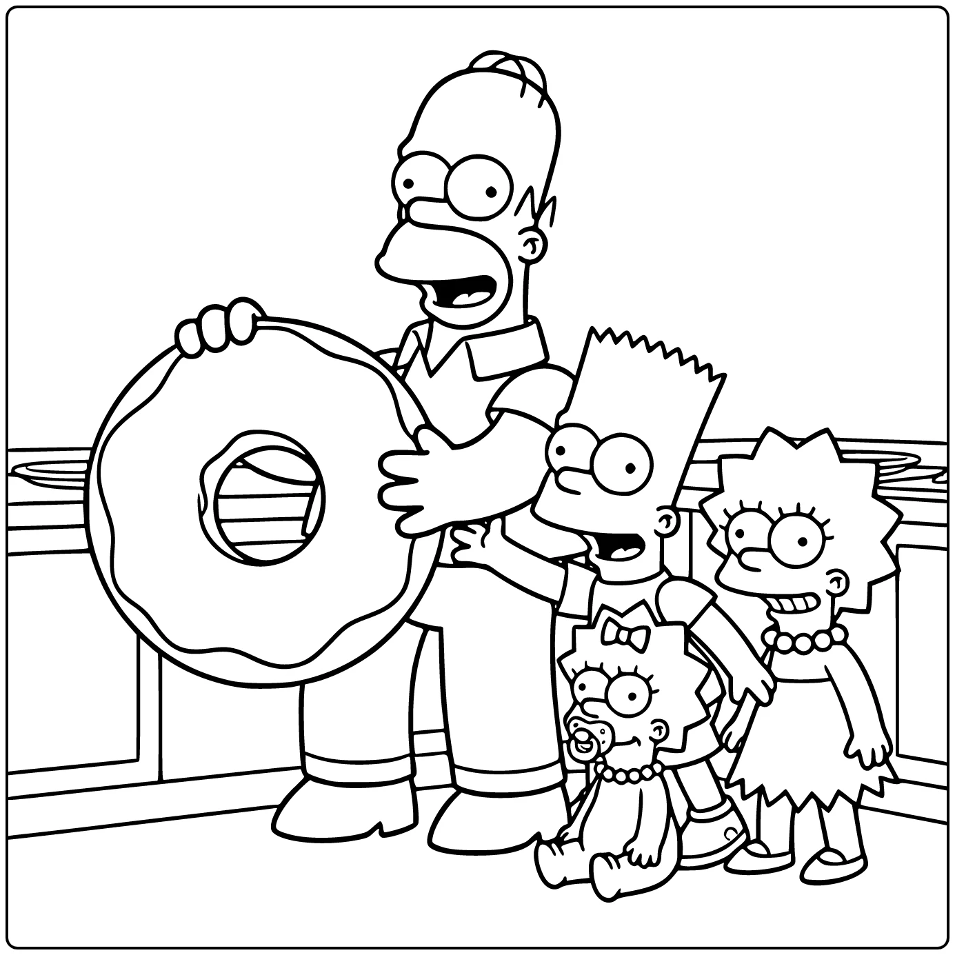Simpsons kleurplaat: Homer houdt reusdonut vast, Bart reikt naar rand