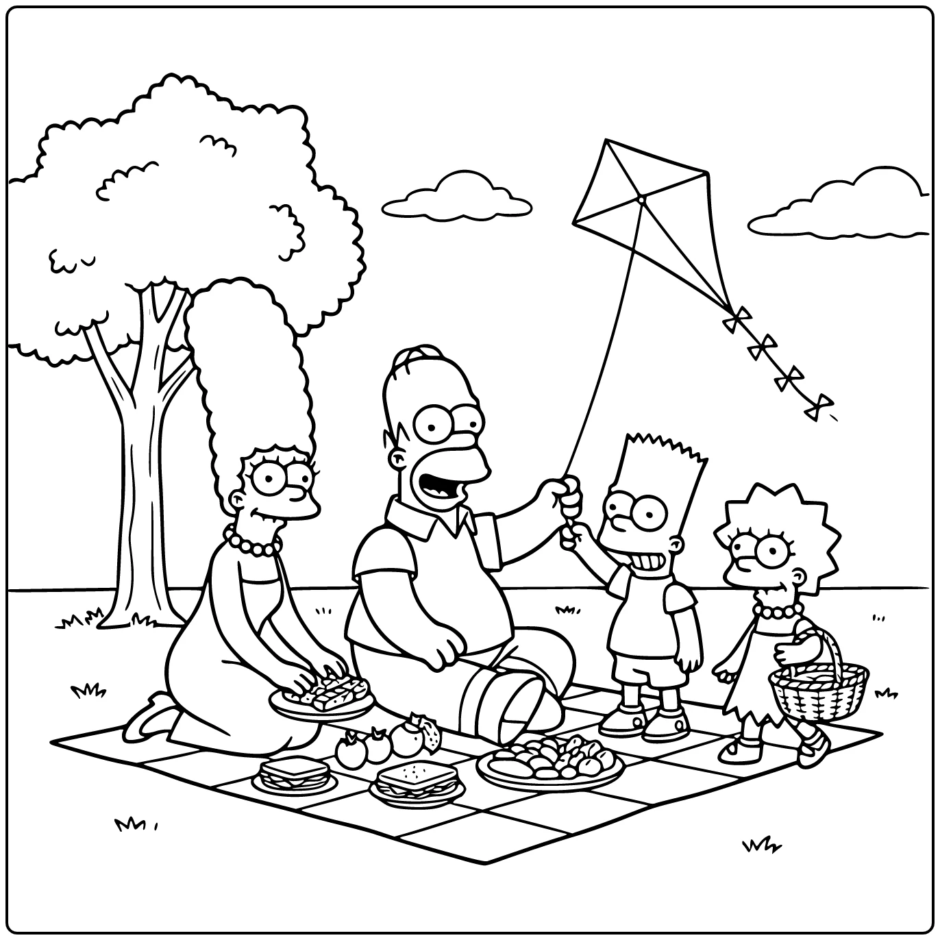 Simpsons kleurplaat: Homer centraal bij picknick met Marge