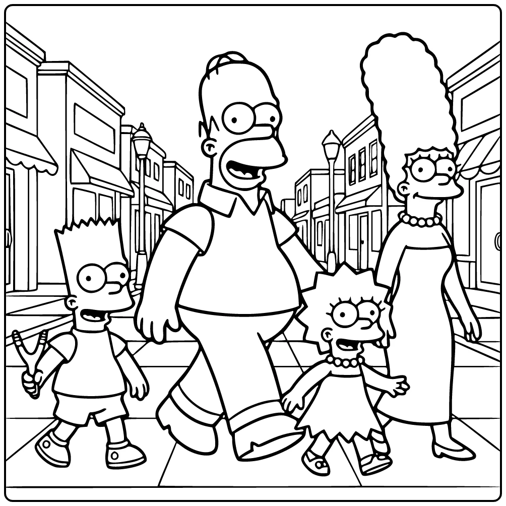 Simpsons kleurplaat: Homer wandelt door Springfield met Bart, Lisa