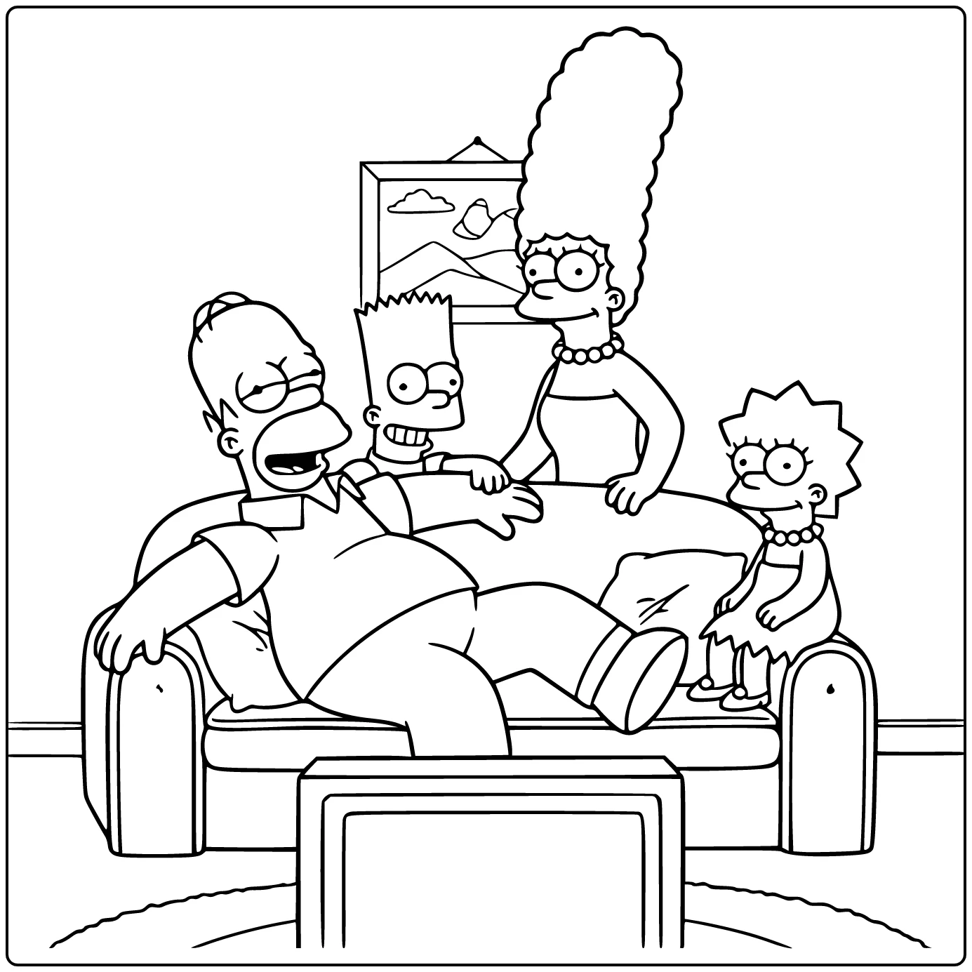 Simpsons kleurplaat: Homer ontspant op bank, Marge naast