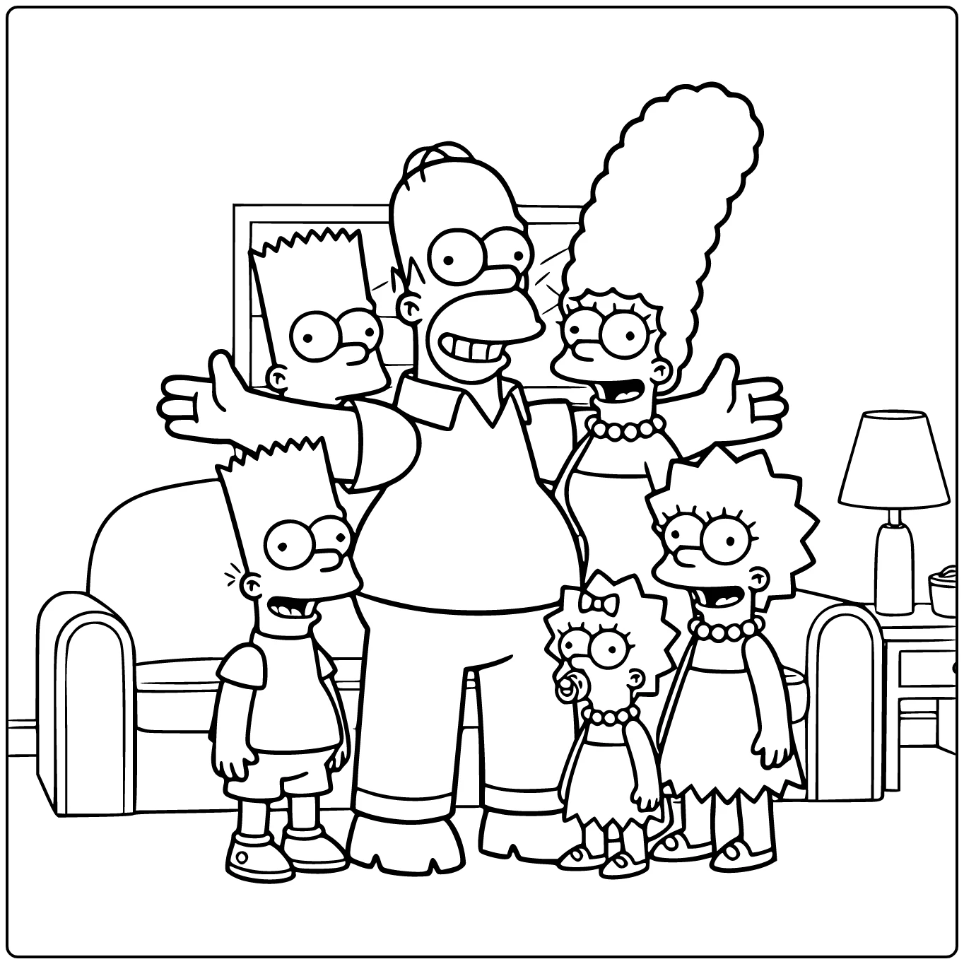 Simpsons kleurplaat: familie in vrolijke woonkamer