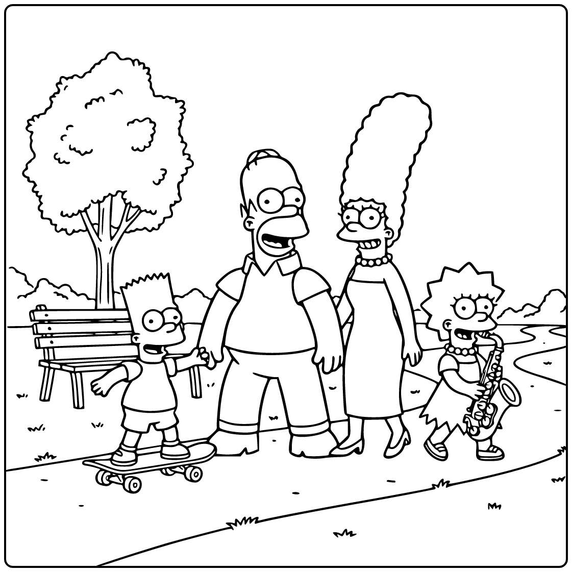 Simpsons kleurplaat: Homer centraal op leuke familie wandeling met Marge en Bart