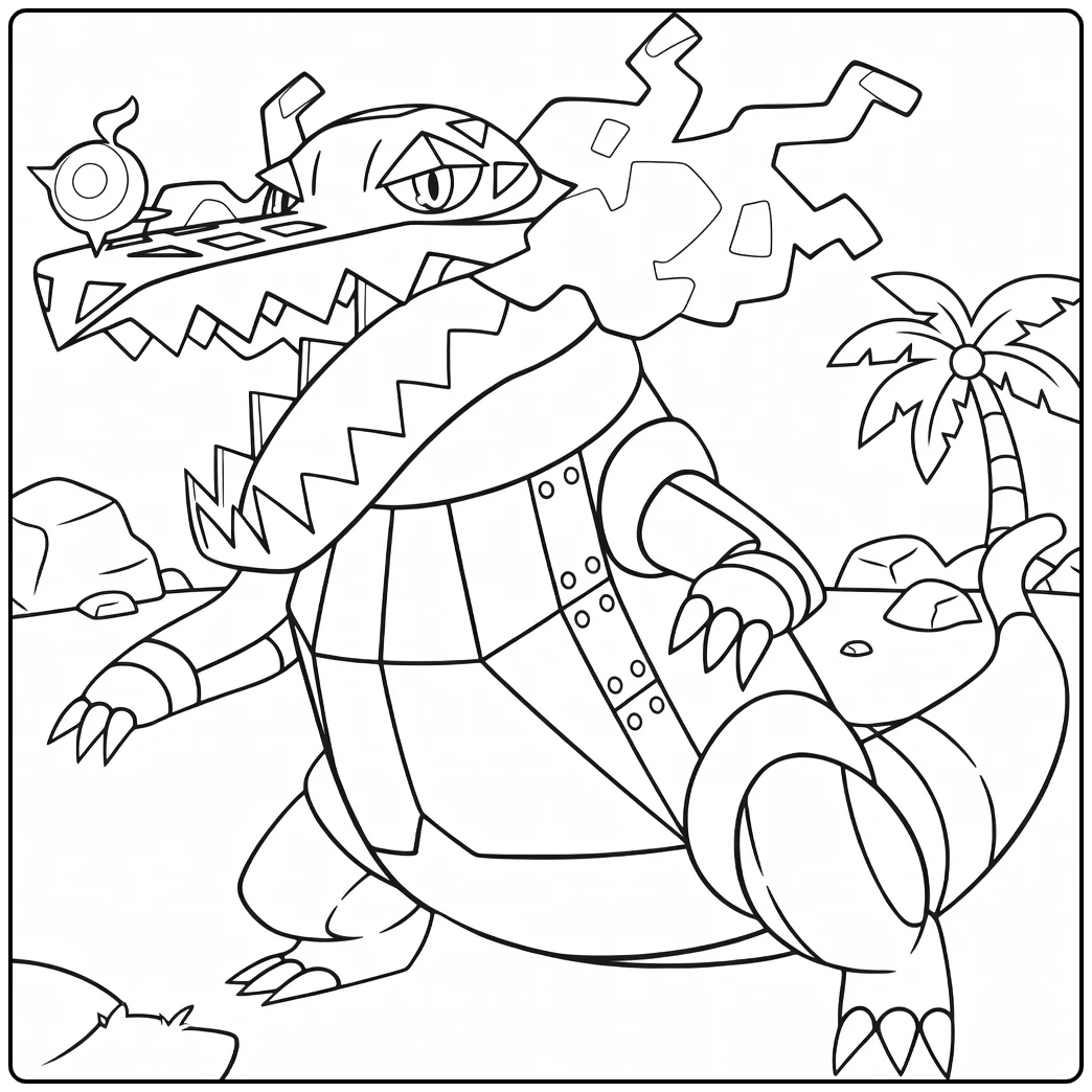 Skeledirge pokemon vuur kleurplaat met vlammen en palmen