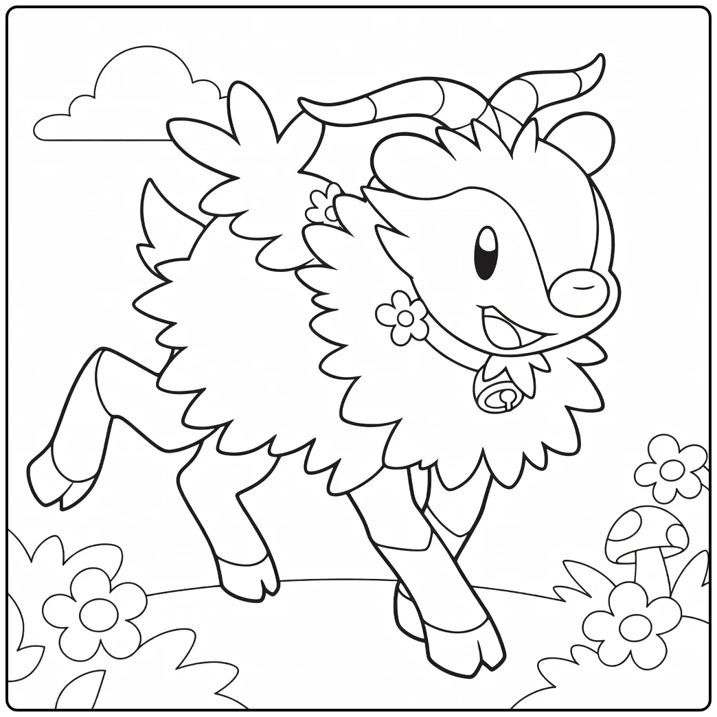 Skiddo Kleurplaat schattig Pokémon geitje rennend met bloemen