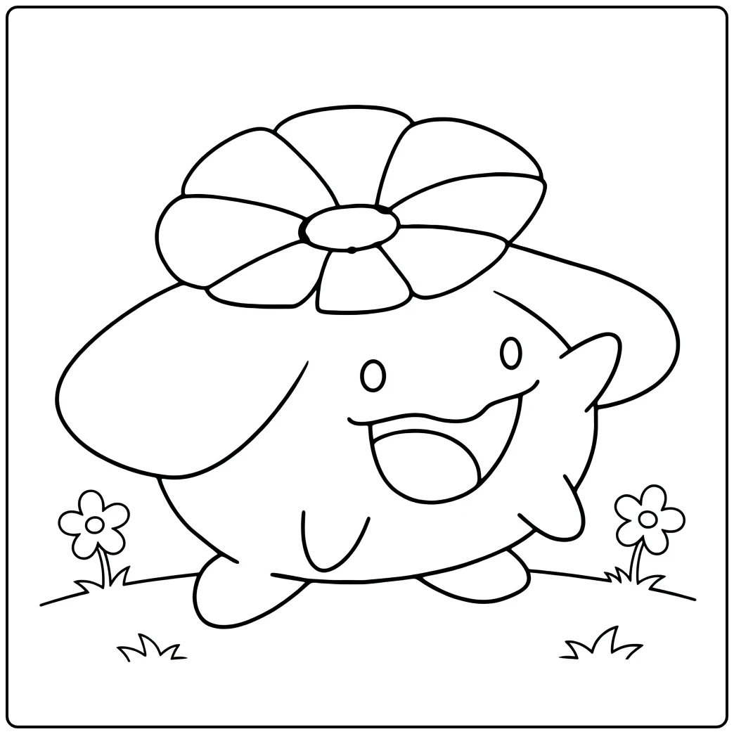 Skiploom Kleurplaat: lachende Pokémon met bloemhoed