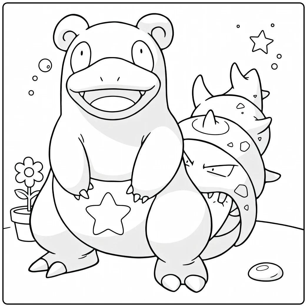 Slowbro Water Pokemon Kleurplaat met Shellder en bubbels
