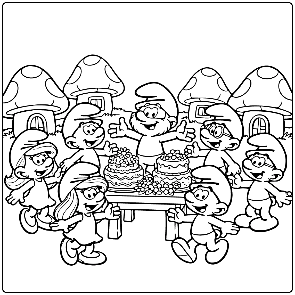 Smurfen kleurplaat: feest in Smurfendorp met Papa Smurf centraal