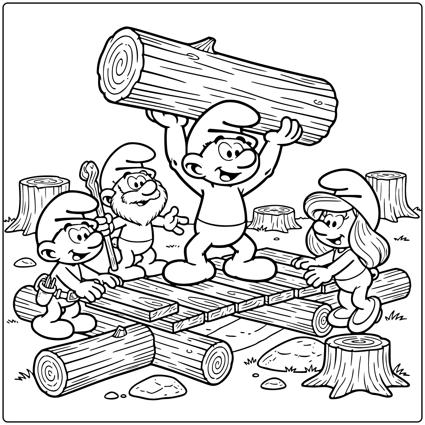 Smurfen kleurplaat: Hefty Smurf tilt grote log met Handy Smurf