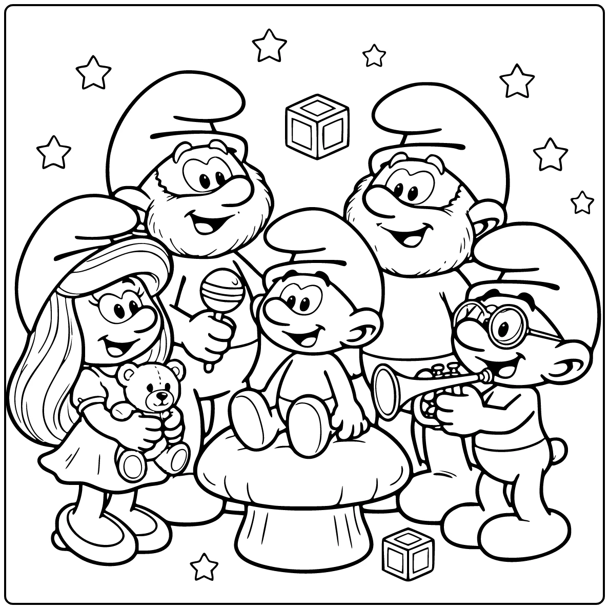 Smurfen kleurplaat: Baby Smurf op paddenstoel met Papa Smurf