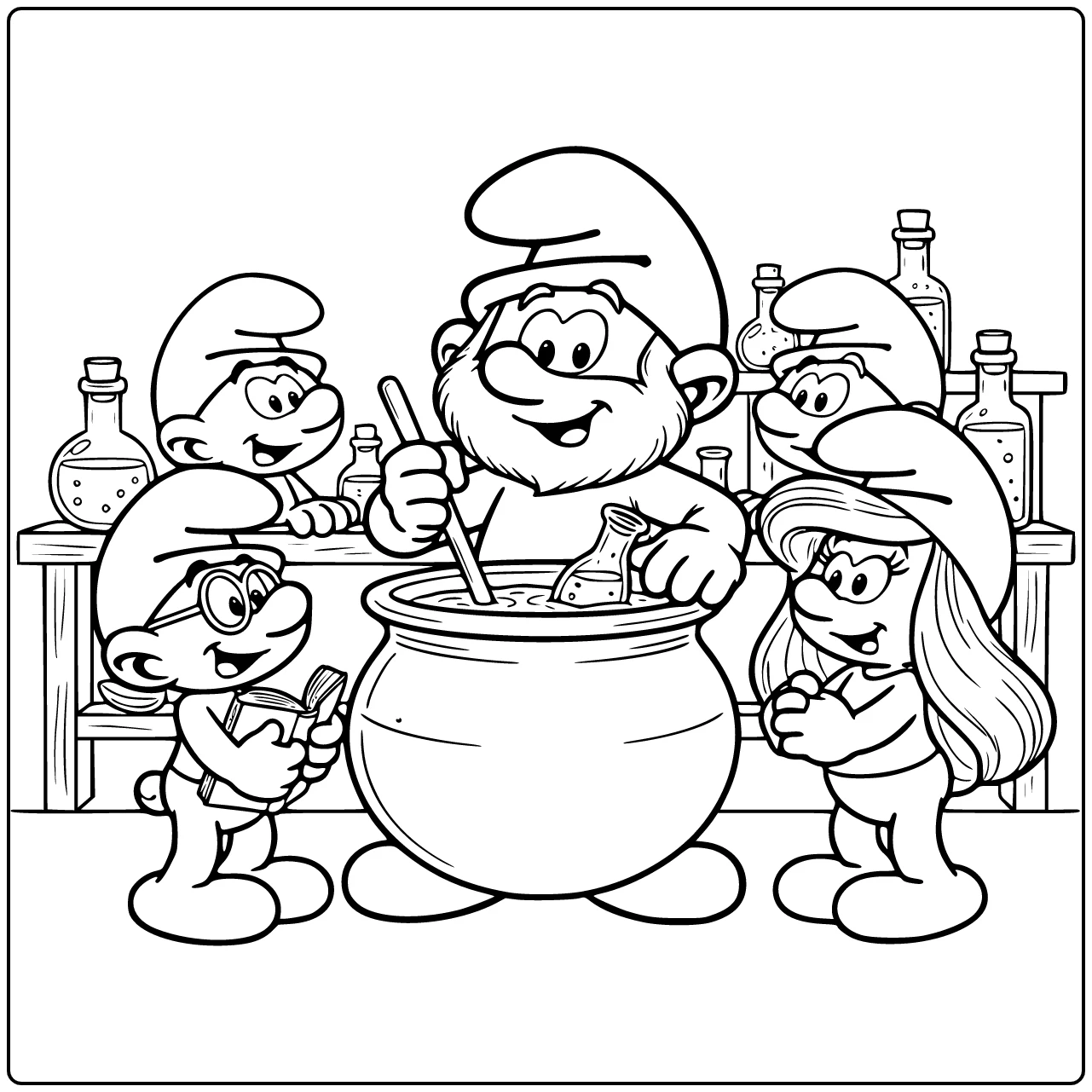 Smurfen kleurplaat: Papa Smurf mengt toverdrank in ketel