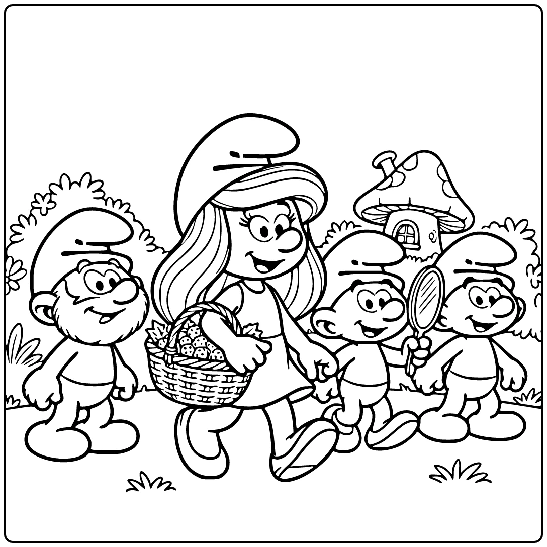 Smurfette met mand bessen en Papa Smurf - smurfen kleurplaat