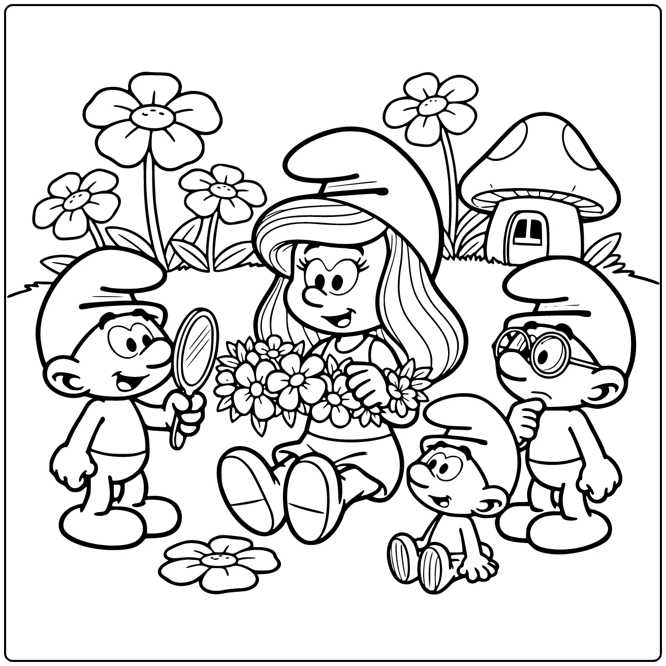 Smurfen kleurplaat: Smurfin maakt bloemenkrans met IJdelsmurf