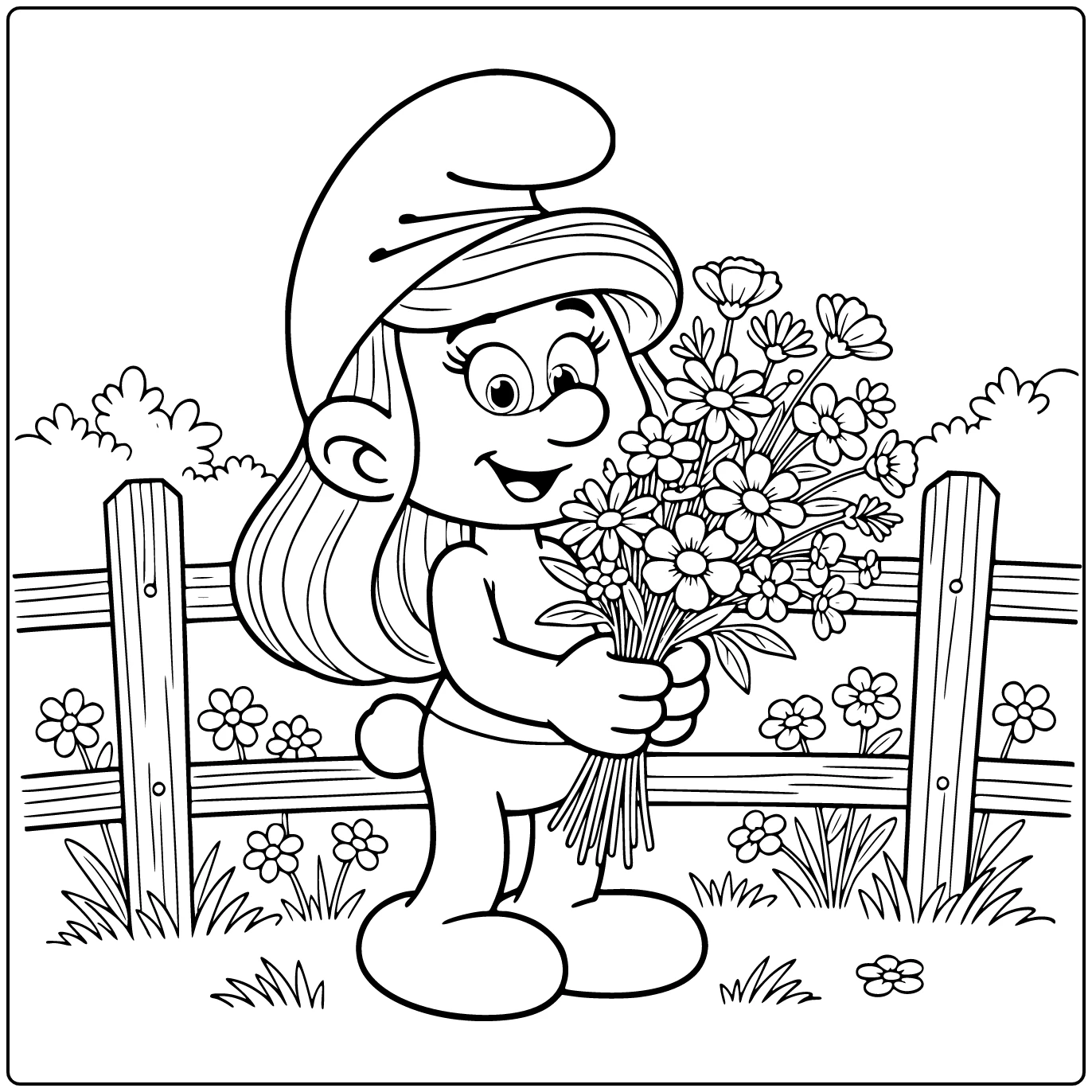 Smurfin kleurplaat: Smurfin met wilde bloemenboeket bij heg