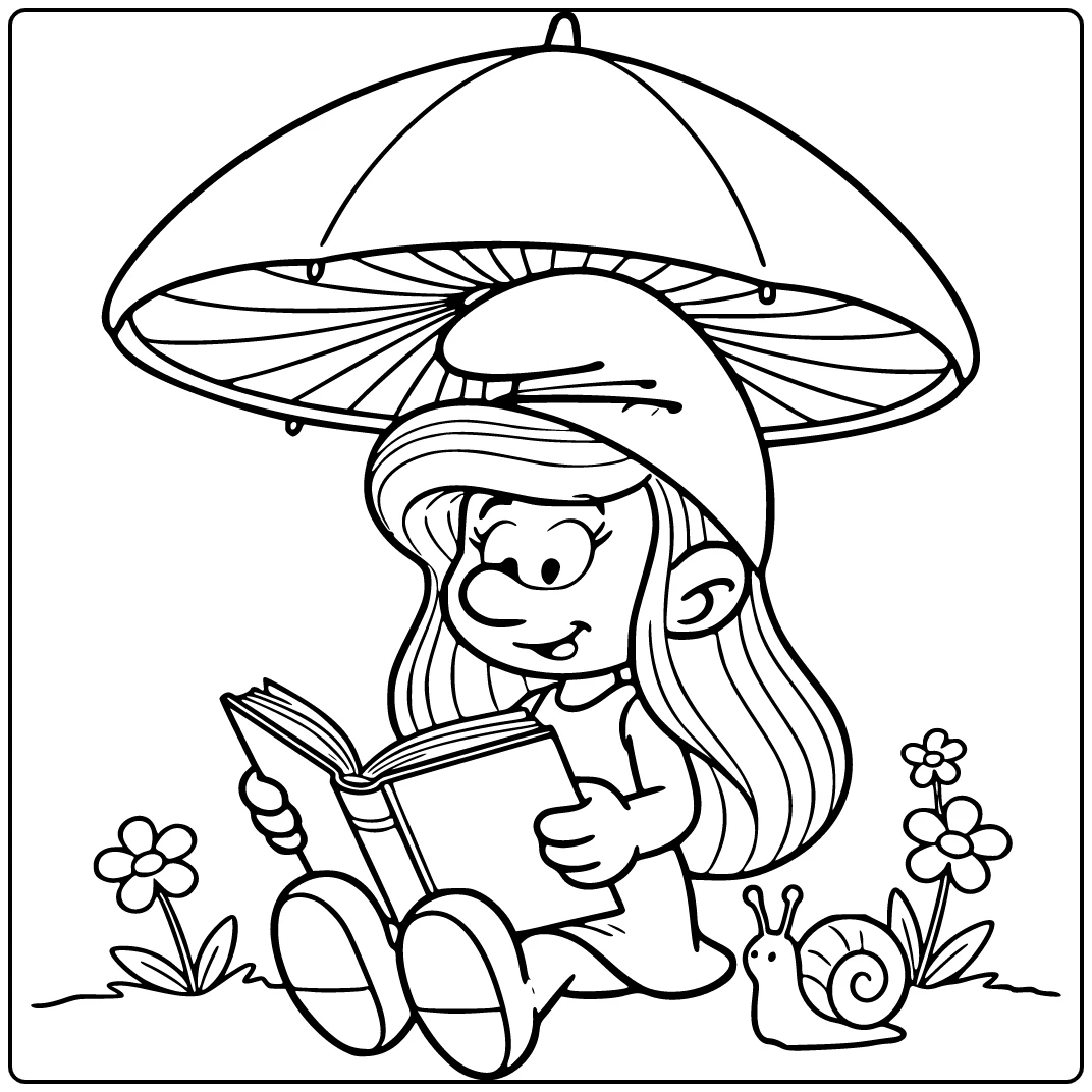Smurfin kleurplaat: Smurfin leest groot boek onder paddenstoelparasol
