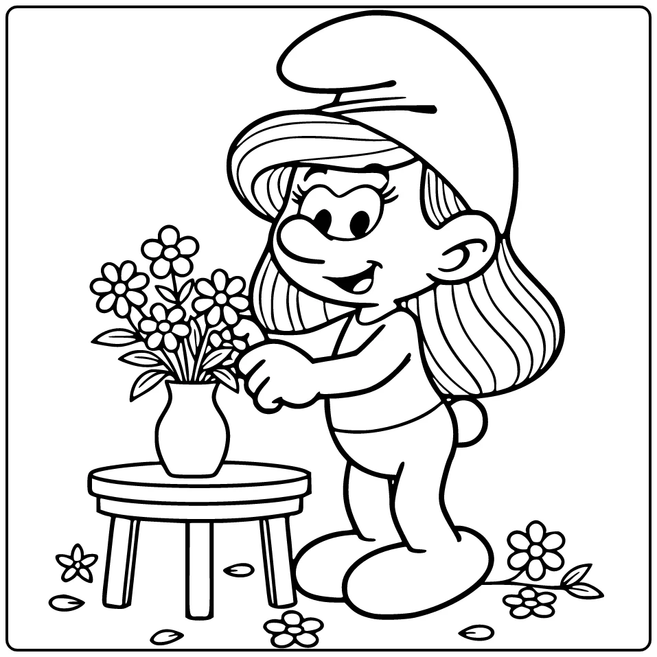 Smurfin kleurplaat: Smurfin schikt bloemen in vaas op tafeltje
