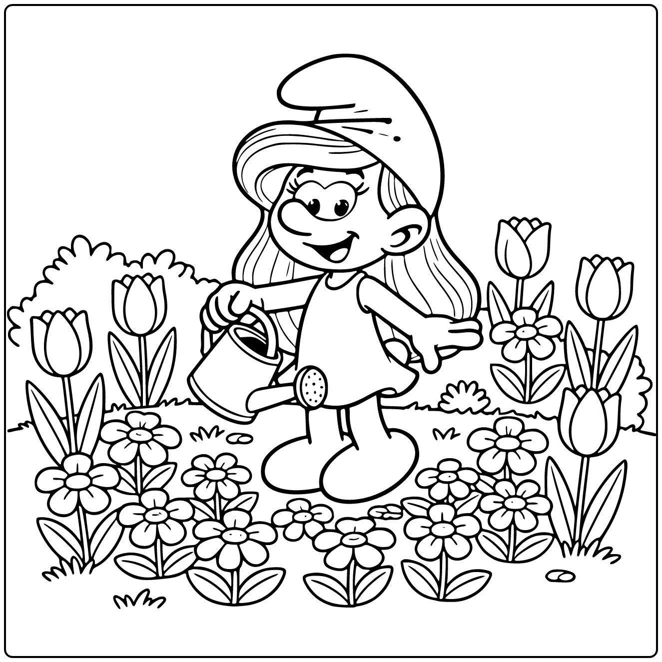 Smurfin kleurplaat: Smurfin begiet bloemen met gieter