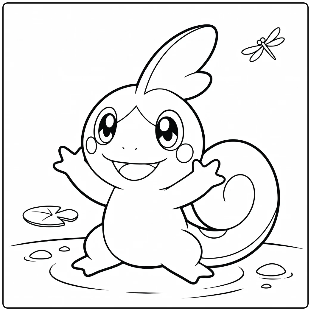 Sobble Water Pokemon Kleurplaat met libel en lelieblad