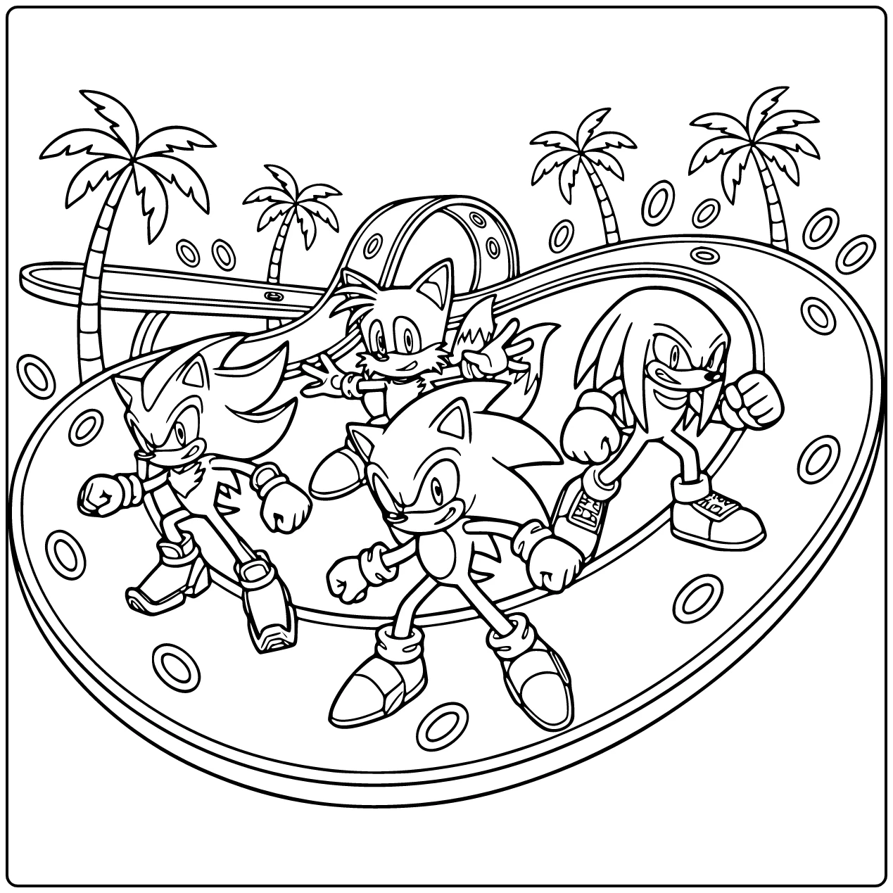 Game kleurplaat Sonic Tails Knuckles Shadow actie op looping