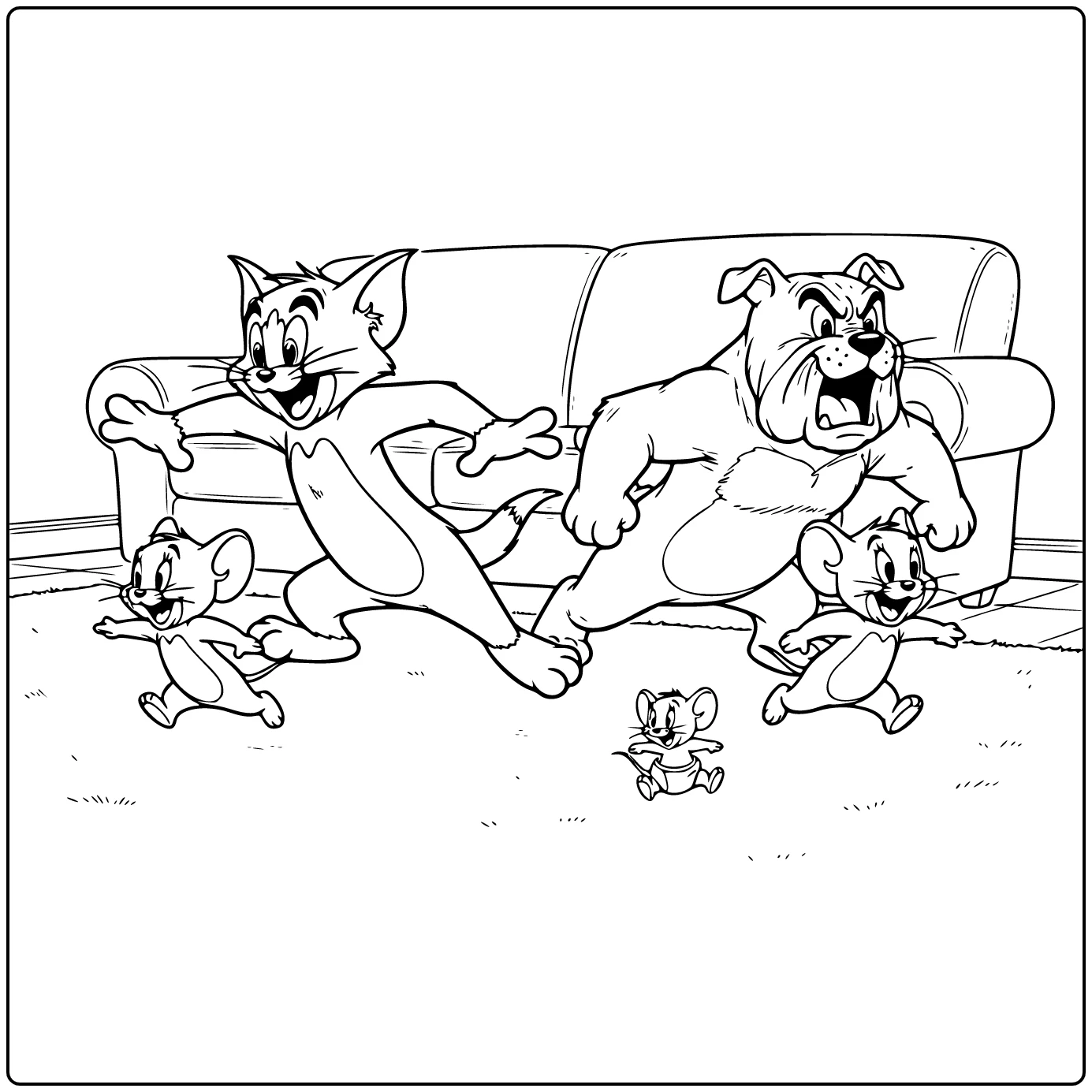 Cartoon kleurplaat Tom & Jerry met Spike, Tyke, Tuffy speels