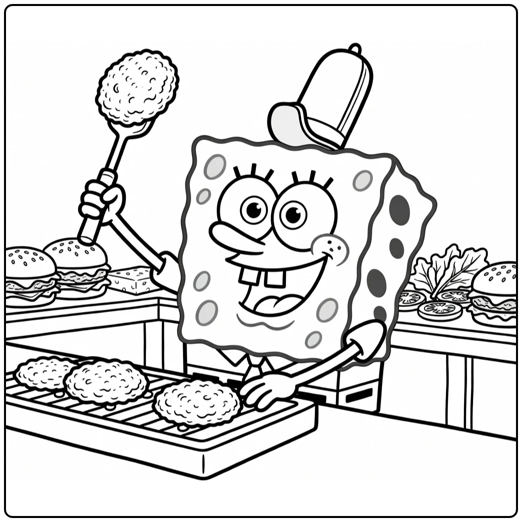 SpongeBob SquarePants Kleurplaat: SpongeBob bakt Krabbenburgers