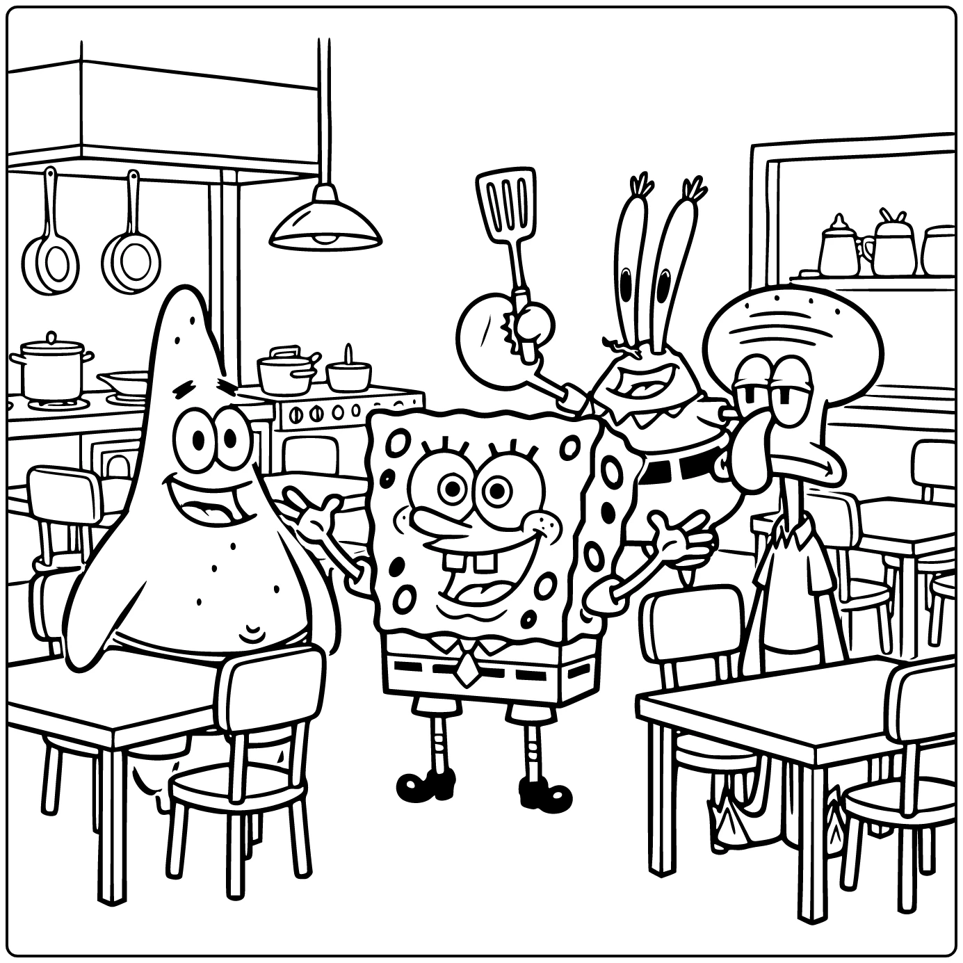 spongebob squarepants kleurplaat: vrolijke spongebob in centrum krusty krab