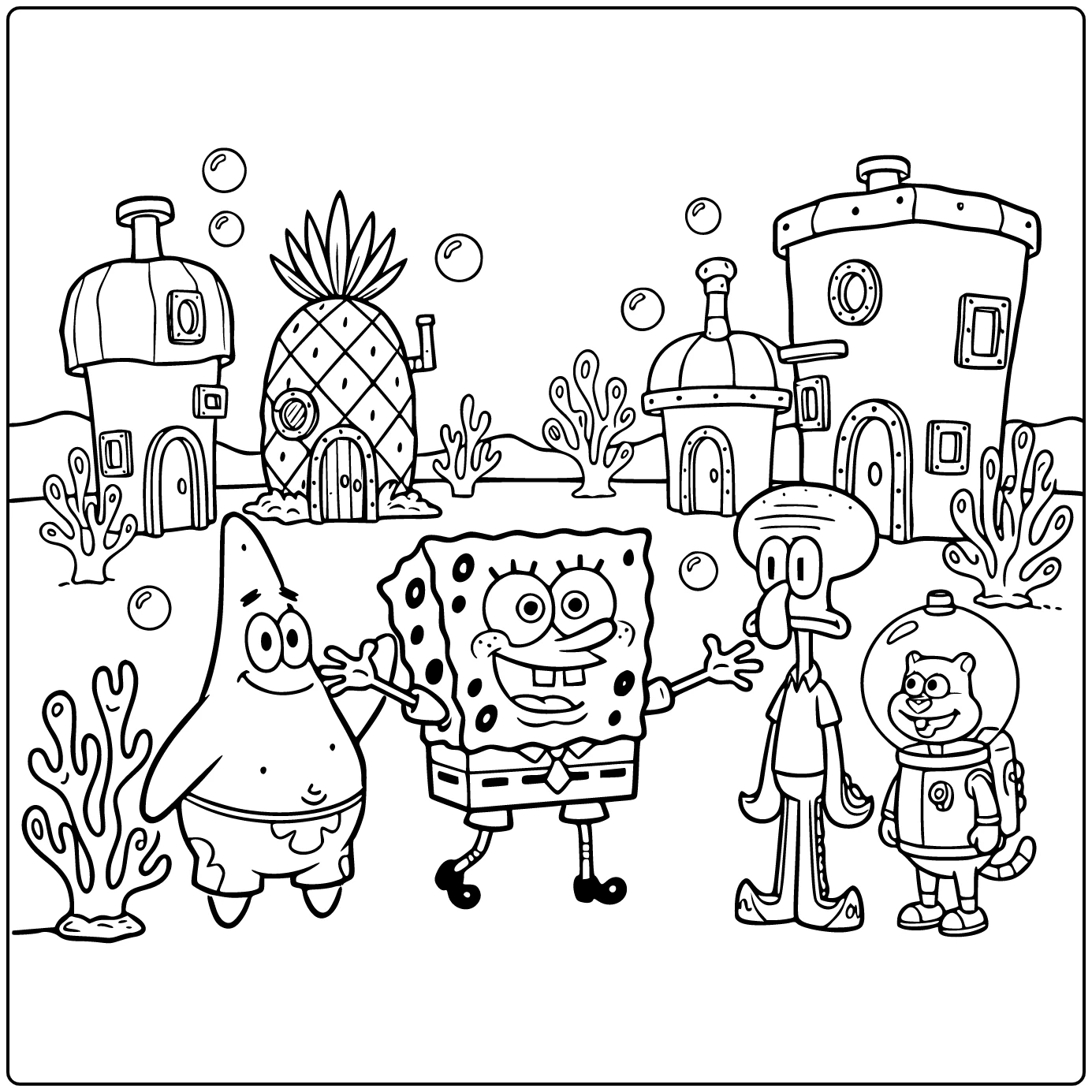 Spongebob Squarepants kleurplaat: Spongebob en Patrick in Bikini Bodem