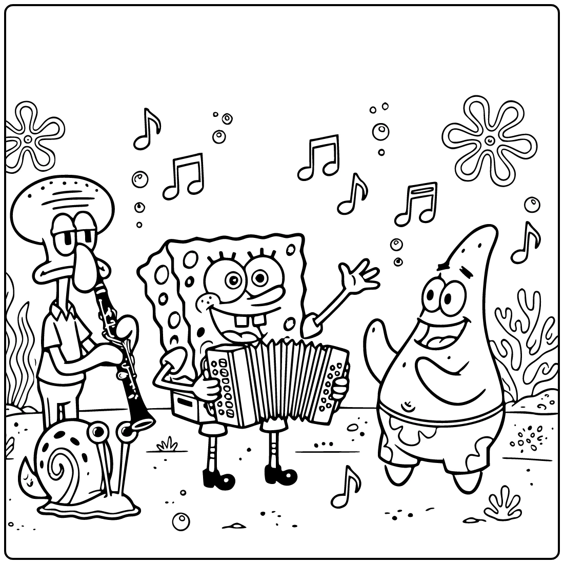 spongebob squarepants kleurplaat SpongeBob speelt muziek met Squidward