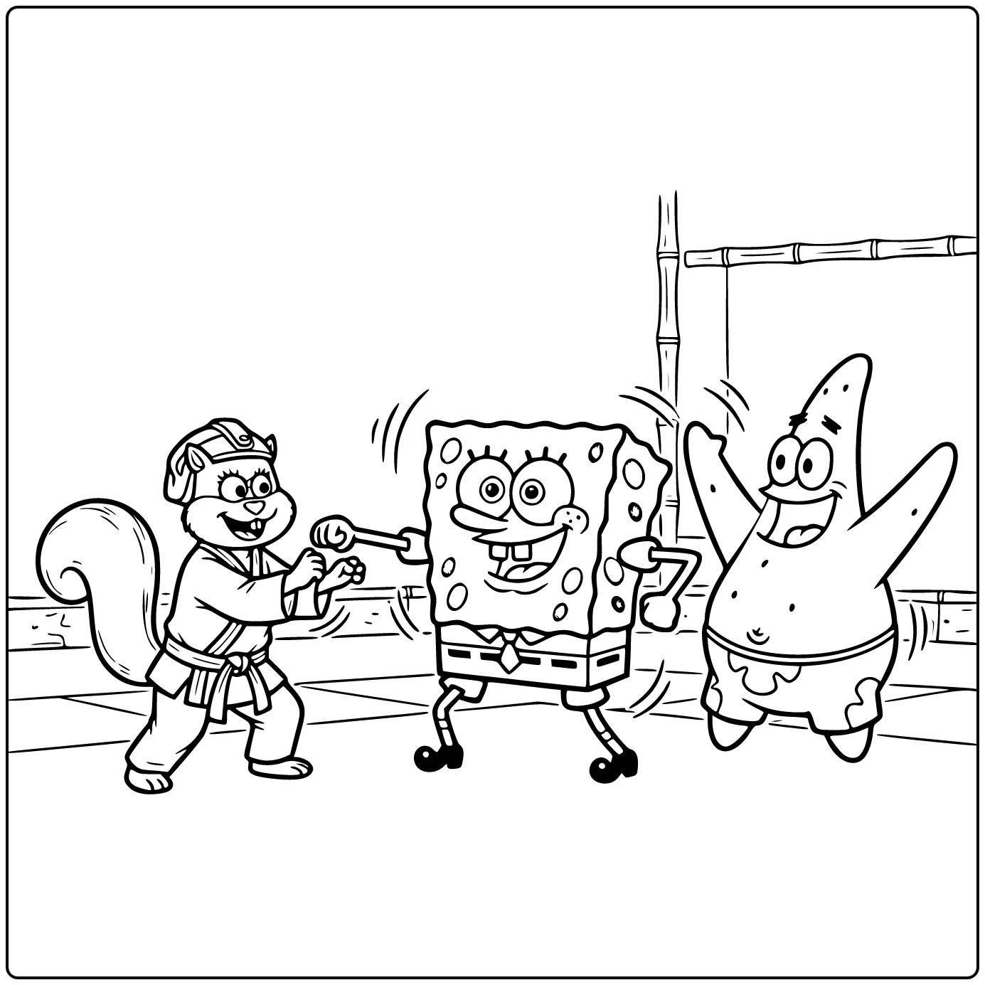 Spongebob Squarepants kleurplaat: SpongeBob karate met Sandy