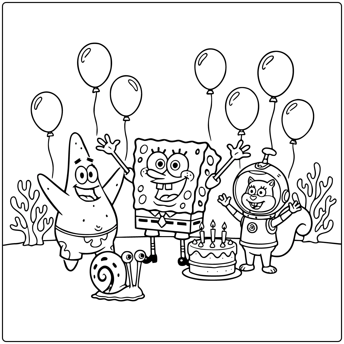 Spongebob squarepants kleurplaat: feest met Patrick & Sandy