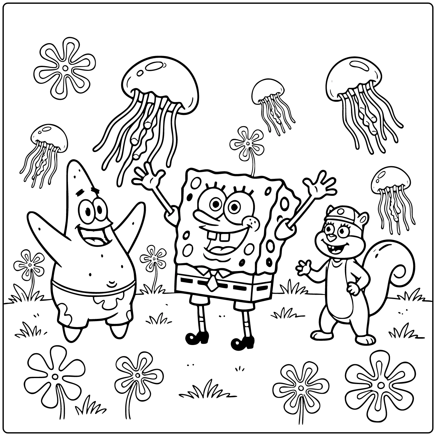 Spongebob squarepants kleurplaat: Spongebob vangt kwallen met Patrick