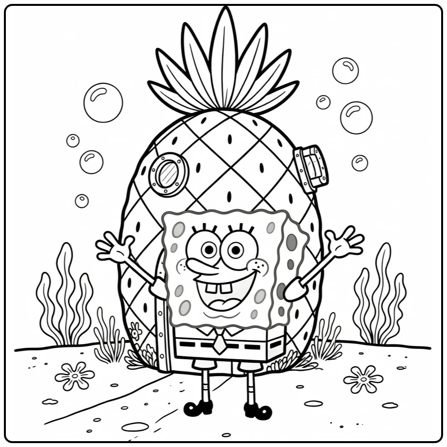 SpongeBob SquarePants Kleurplaat bij ananashuis, zwaaiend lachend