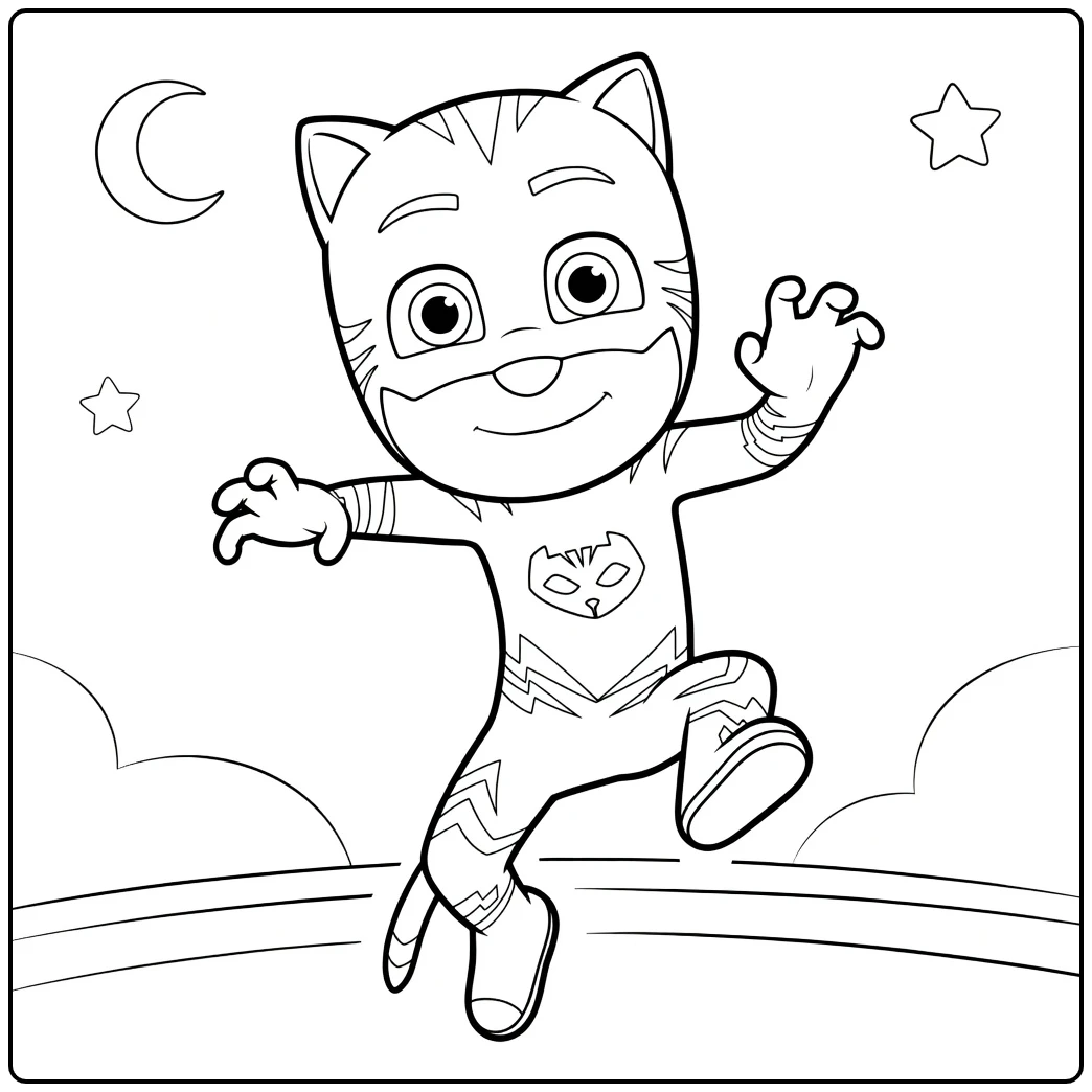 Catboy Kleurplaat: springende Catboy met maan en sterren