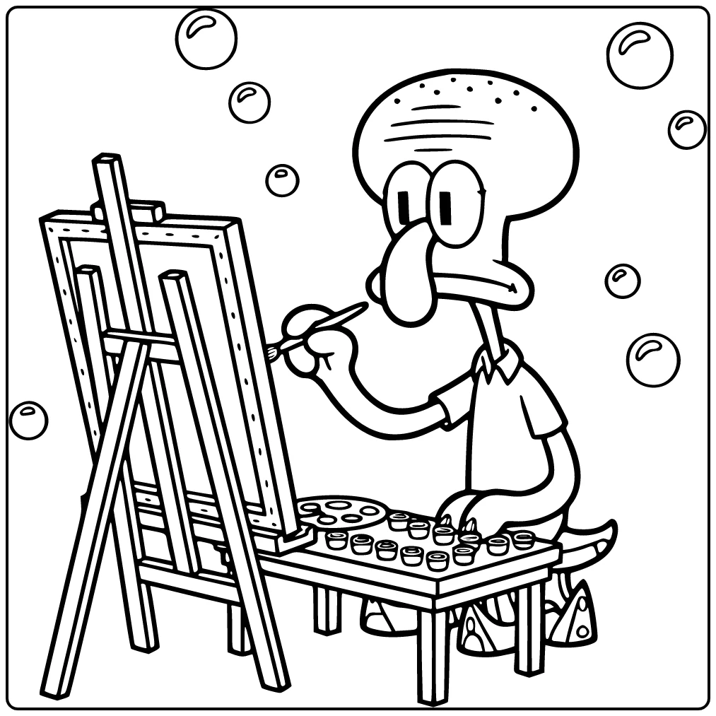 Squidward Tentacles Kleurplaat: Squidward schildert gefocust aan ezel