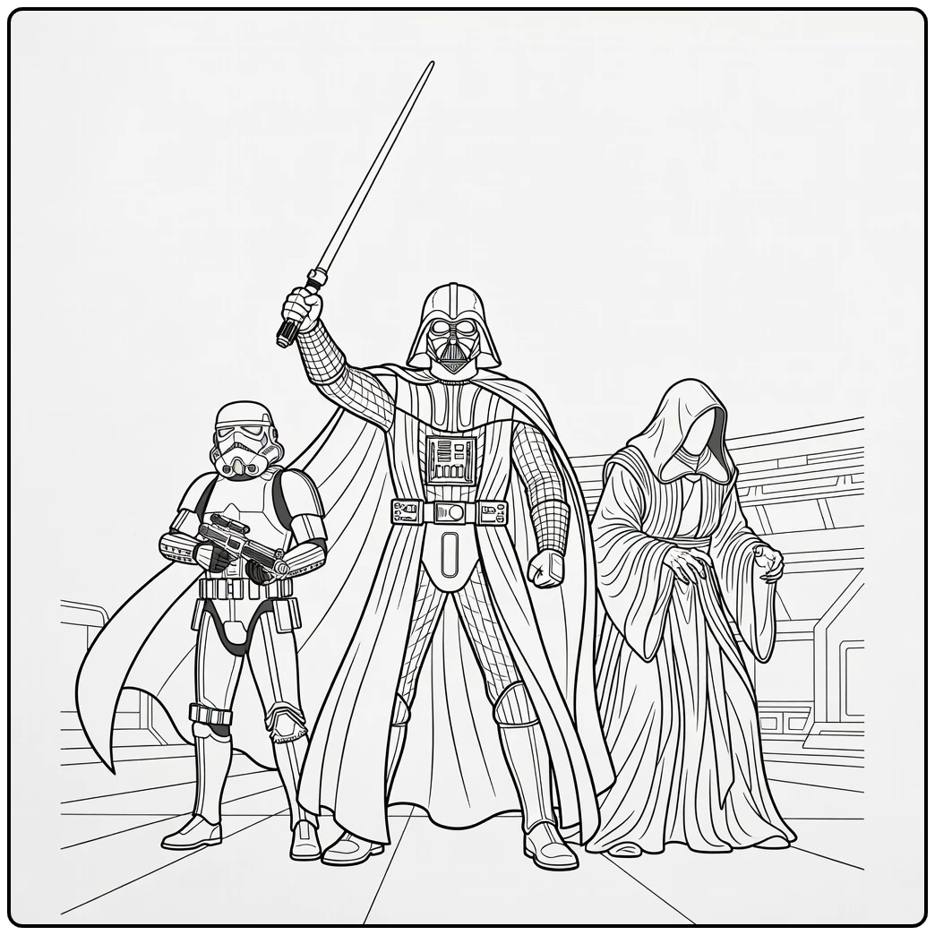 Star Wars kleurplaat Darth Vader met Stormtrooper en Palpatine