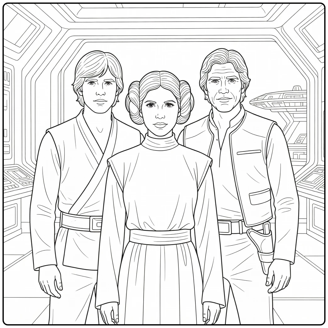 Star Wars kleurplaat Prinses Leia met Luke en Han Solo