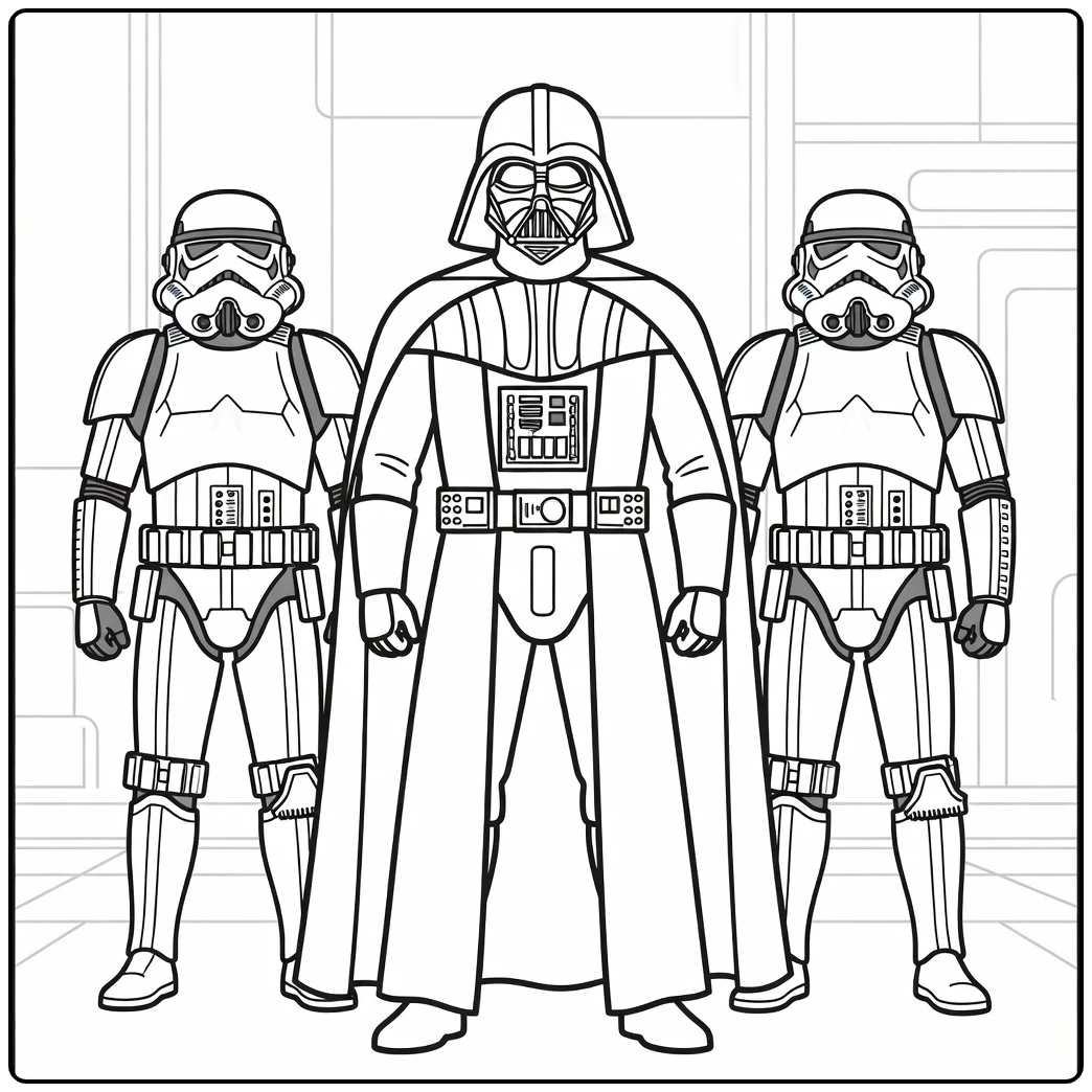 Star Wars kleurplaat makkelijk: Darth Vader met stormtroopers