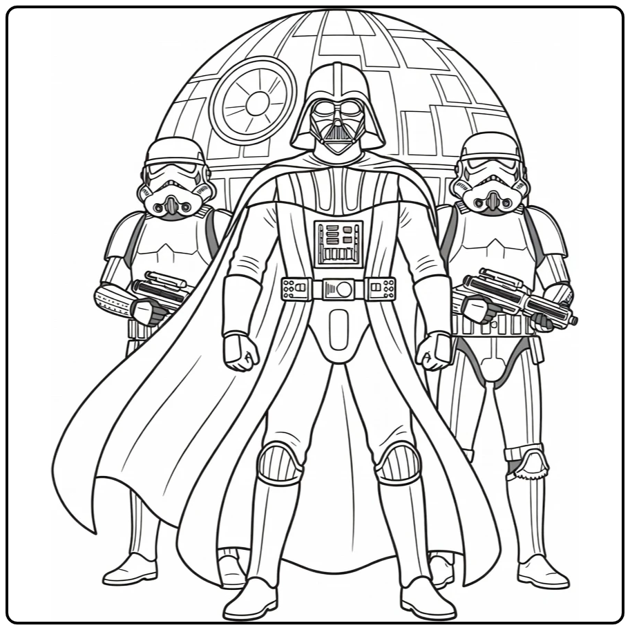star wars kleurplaat makkelijk Darth Vader met Stormtroopers en Death Star