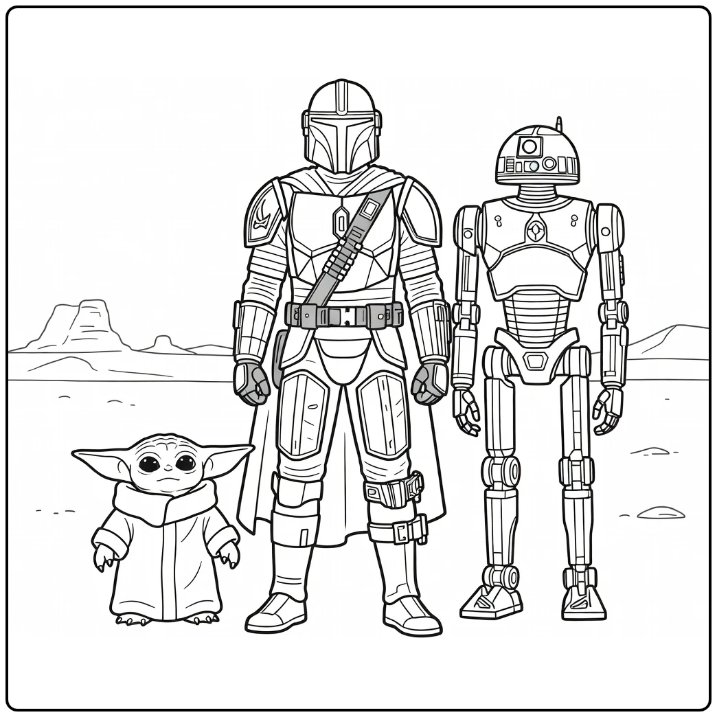 star wars kleurplaat makkelijk: Mandalorian met Grogu en IG-11