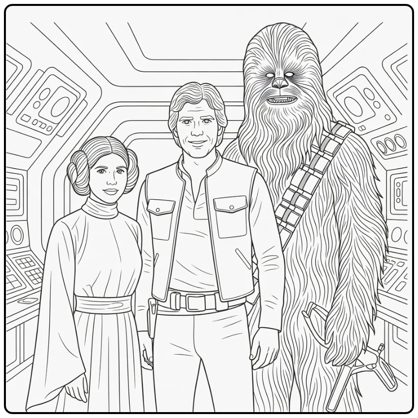 Star Wars kleurplaat makkelijk: Han Solo met Chewbacca en Leia