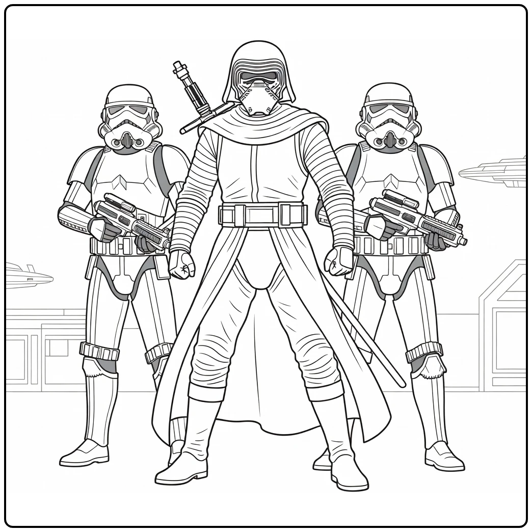 star wars kleurplaat makkelijk Kylo Ren met twee stormtroopers