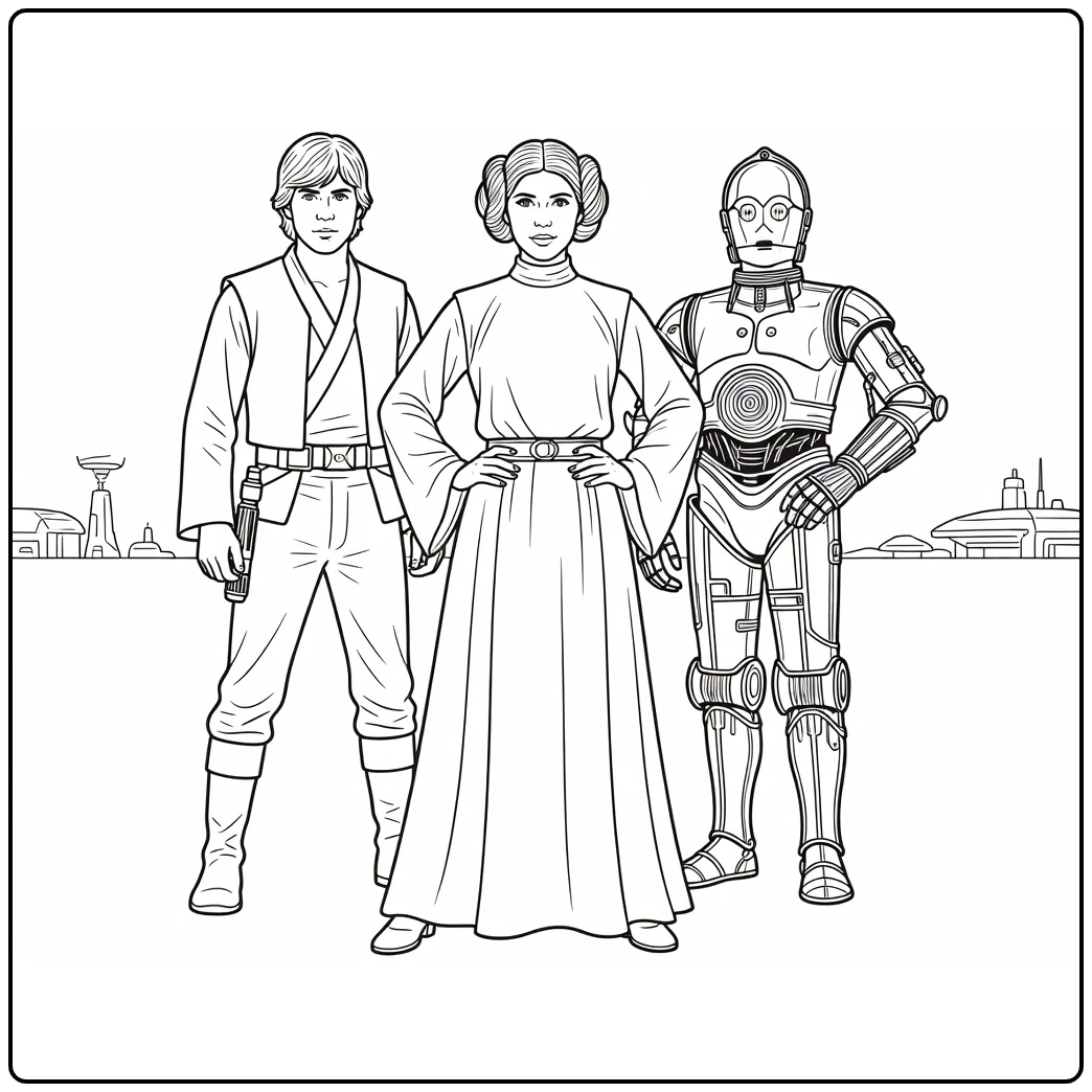 star wars kleurplaat makkelijk Prinses Leia met Luke en C-3PO