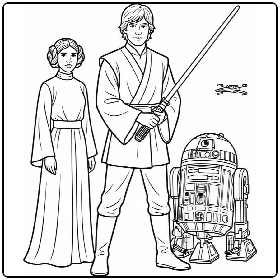 star wars kleurplaat makkelijk Luke Skywalker met lichtzwaard Leia R2-D2