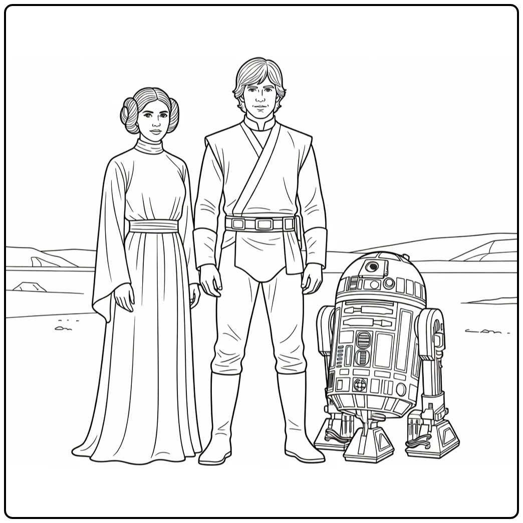 star wars kleurplaat makkelijk Luke Skywalker met Leia & R2-D2