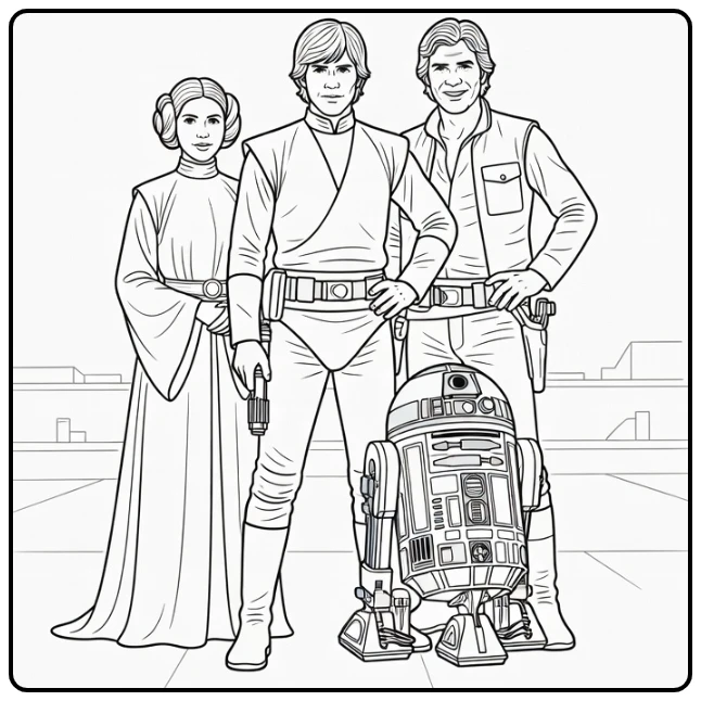 Star Wars kleurplaat makkelijk: Luke Skywalker met Leia, Han & R2-D2
