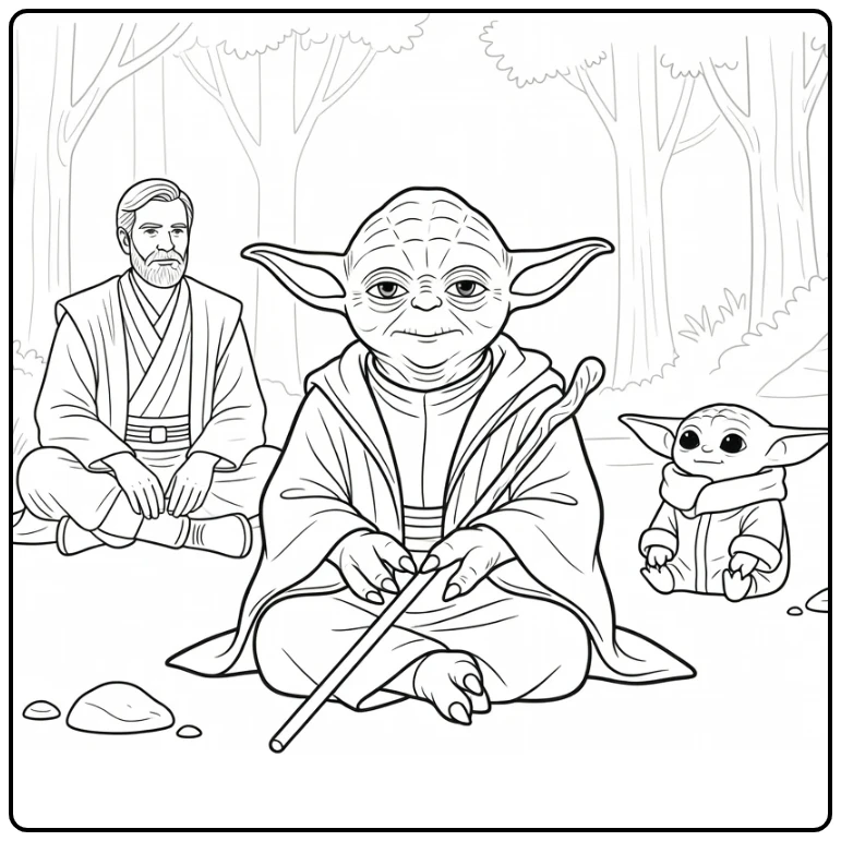 star wars kleurplaat makkelijk Yoda Obi-Wan jonge Grogu bos