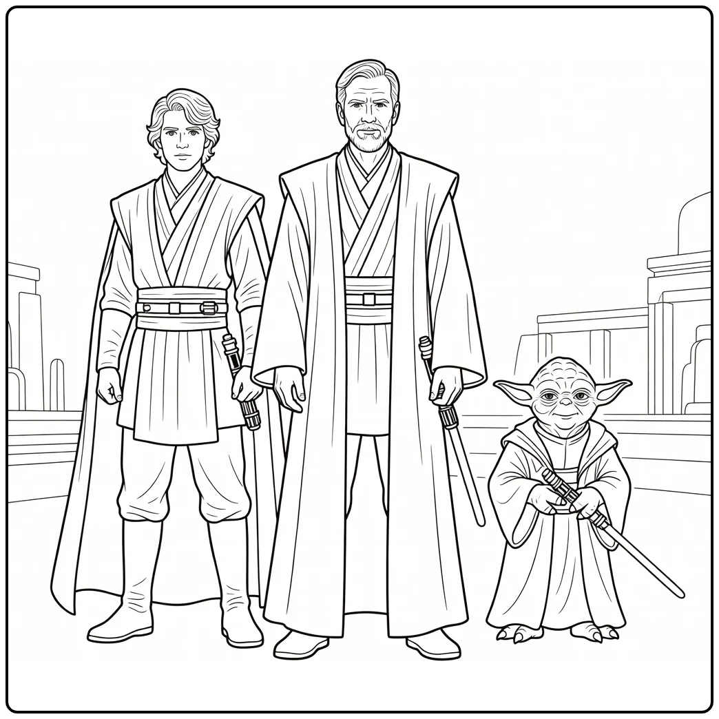 star wars kleurplaat makkelijk Obi-Wan Anakin Yoda Jedi tempel