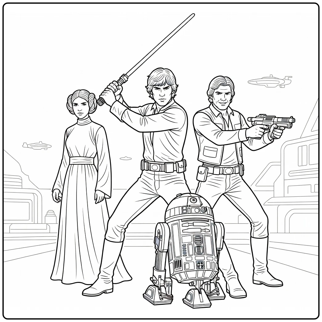 Star Wars kleurplaat Luke Skywalker met lichtzwaard heroïsch