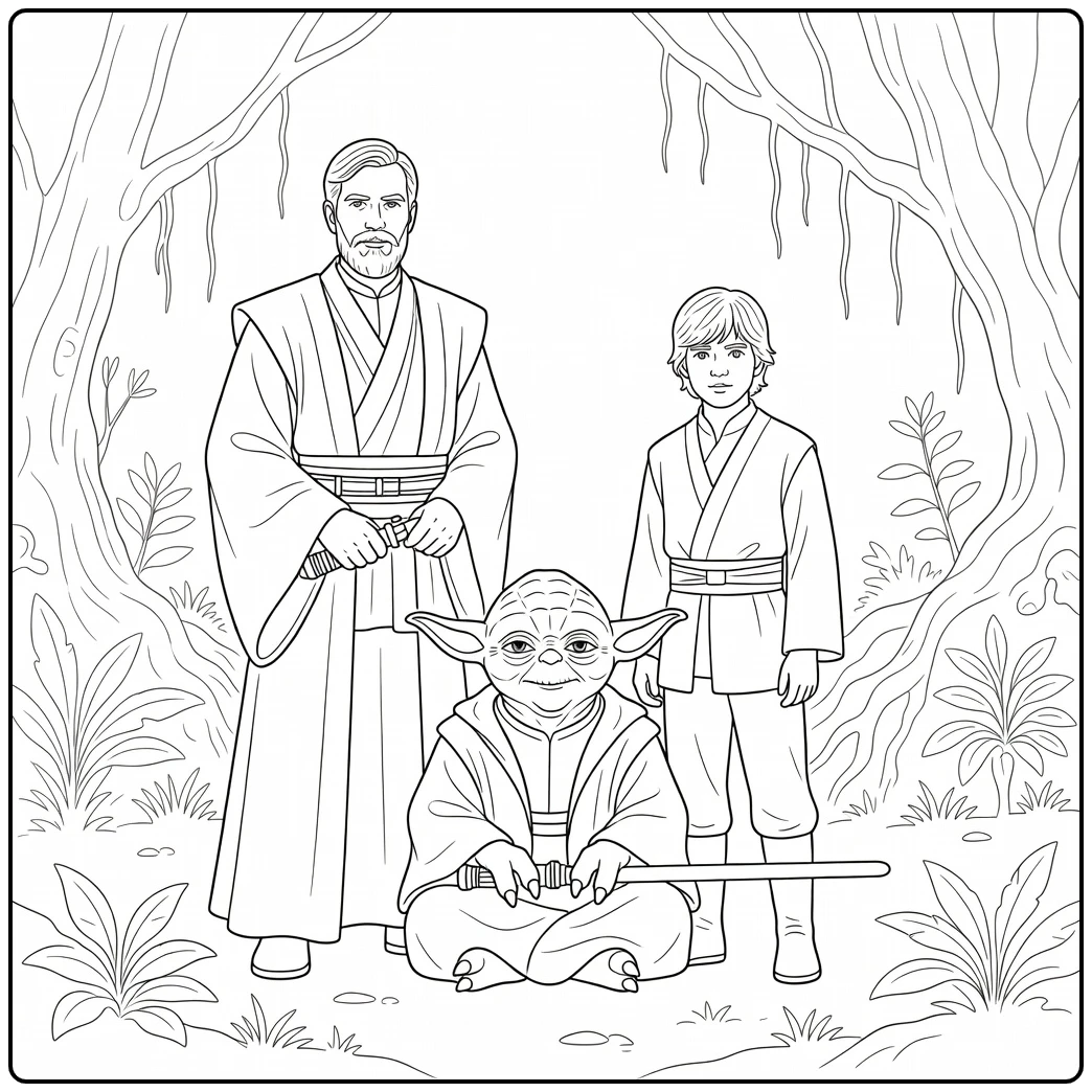 Star Wars kleurplaat Yoda met lightsaber Obi-Wan Luke moeras