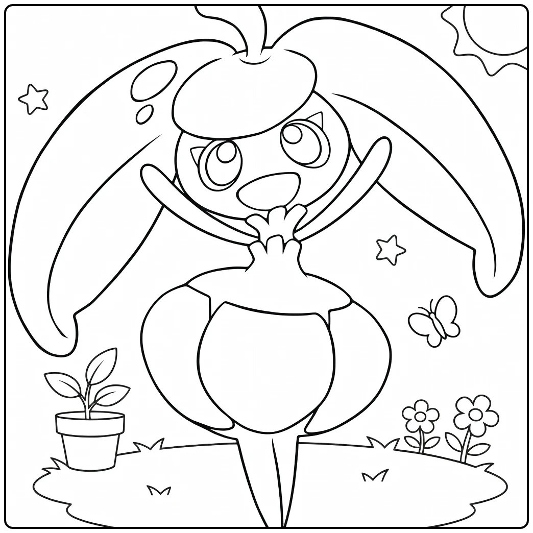 Steenee Kleurplaat: vrolijke Pokémon met bloemen, zon